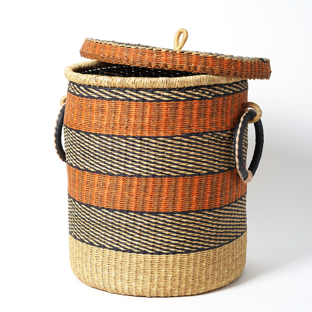 Medium Storage Basket with leather handles - Rust, Blue and Natural