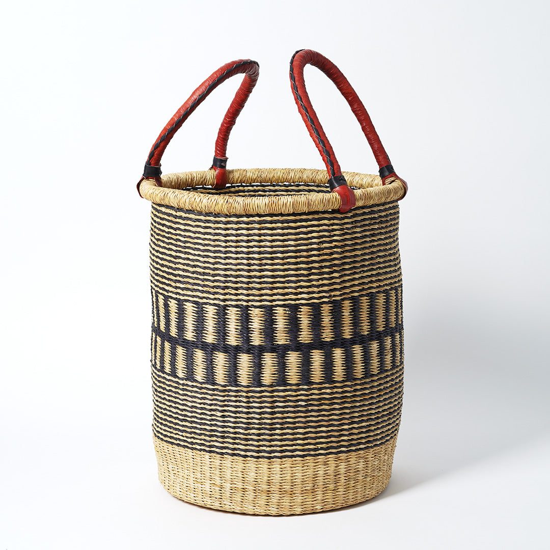 Large Storage Basket with leather bound handles - Navy and Natural