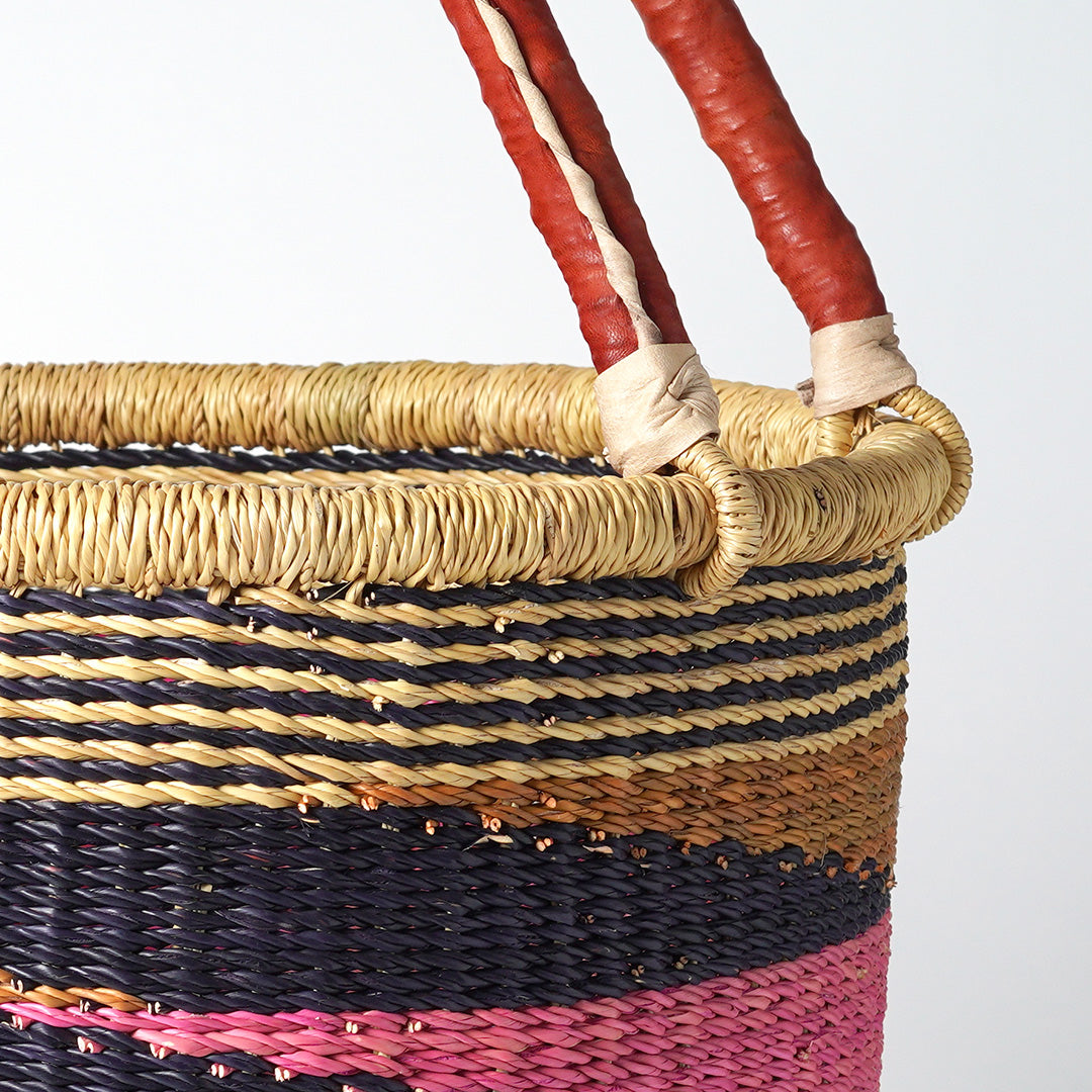 All Sorts Storage Basket with leather bound handle - Pink, Navy, green and natural