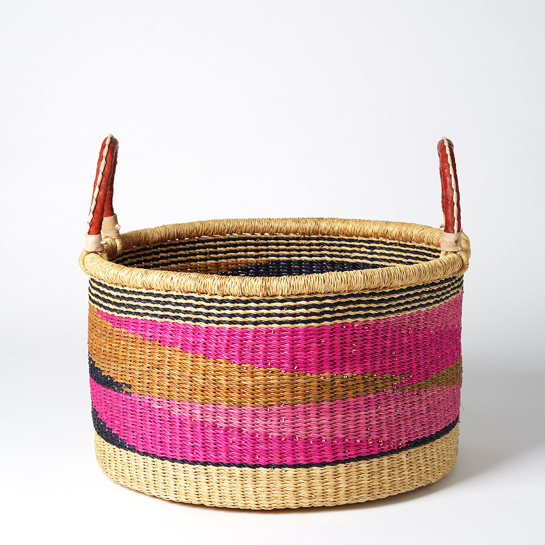 All Sorts Storage Basket with leather bound handle - Pink, Navy, green and natural