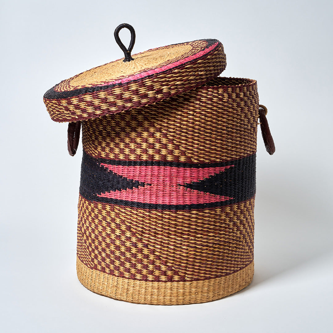 Large Storage Basket with leather handles, Nutmeg, Blue, Pink and Natural