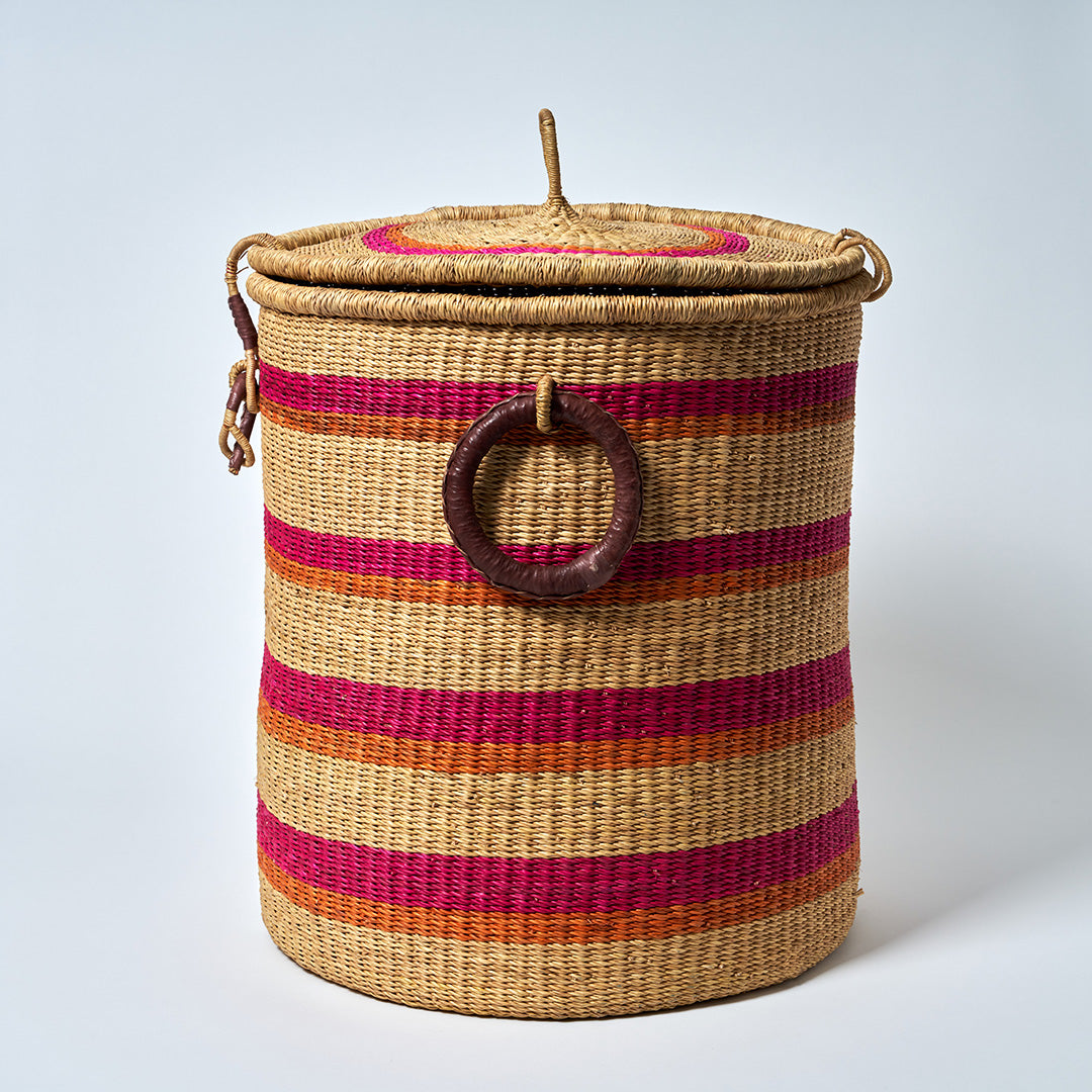 Large Storage Basket with leather handles, Orange, Pink and Natural