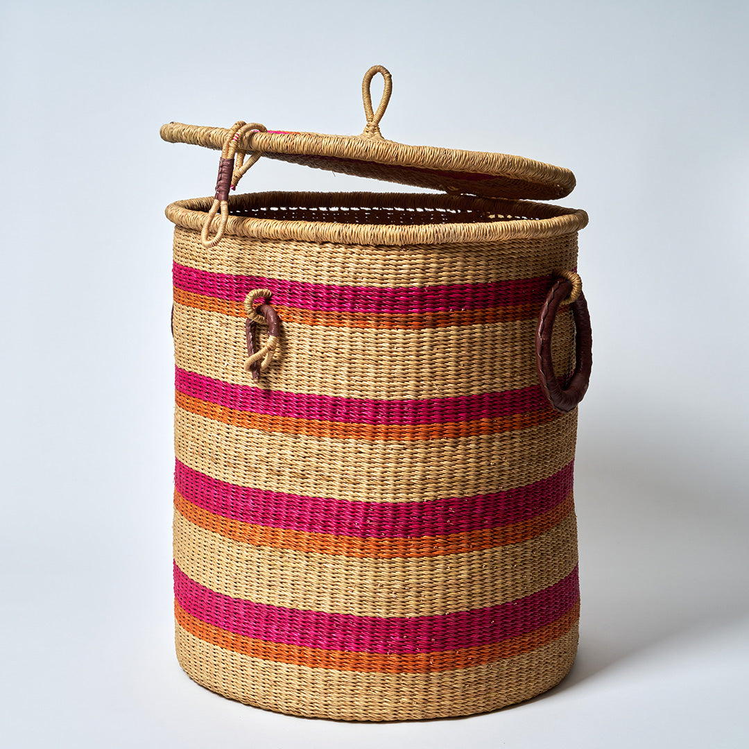 Large Storage Basket with leather handles, Orange, Pink and Natural