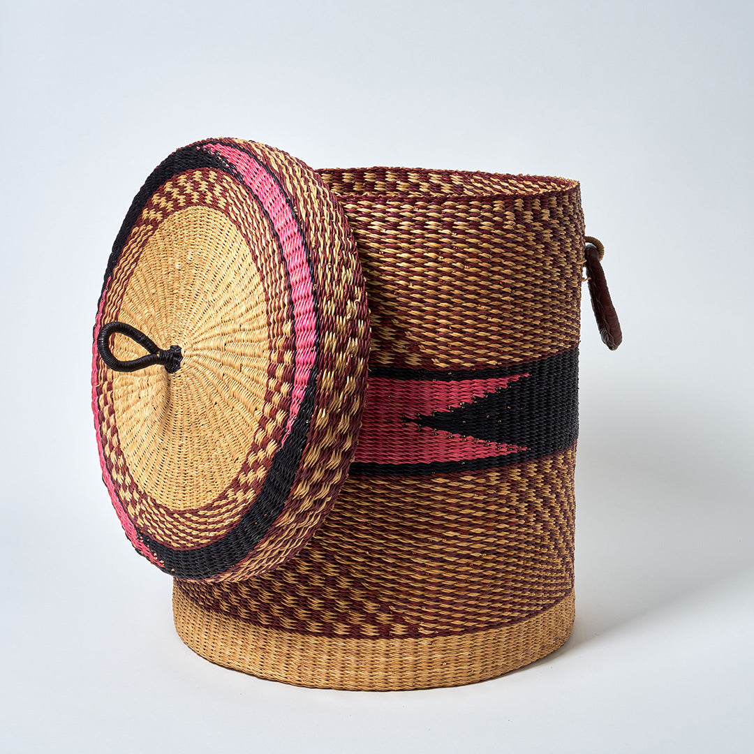 Large Storage Basket with leather handles, Nutmeg, Blue, Pink and Natural