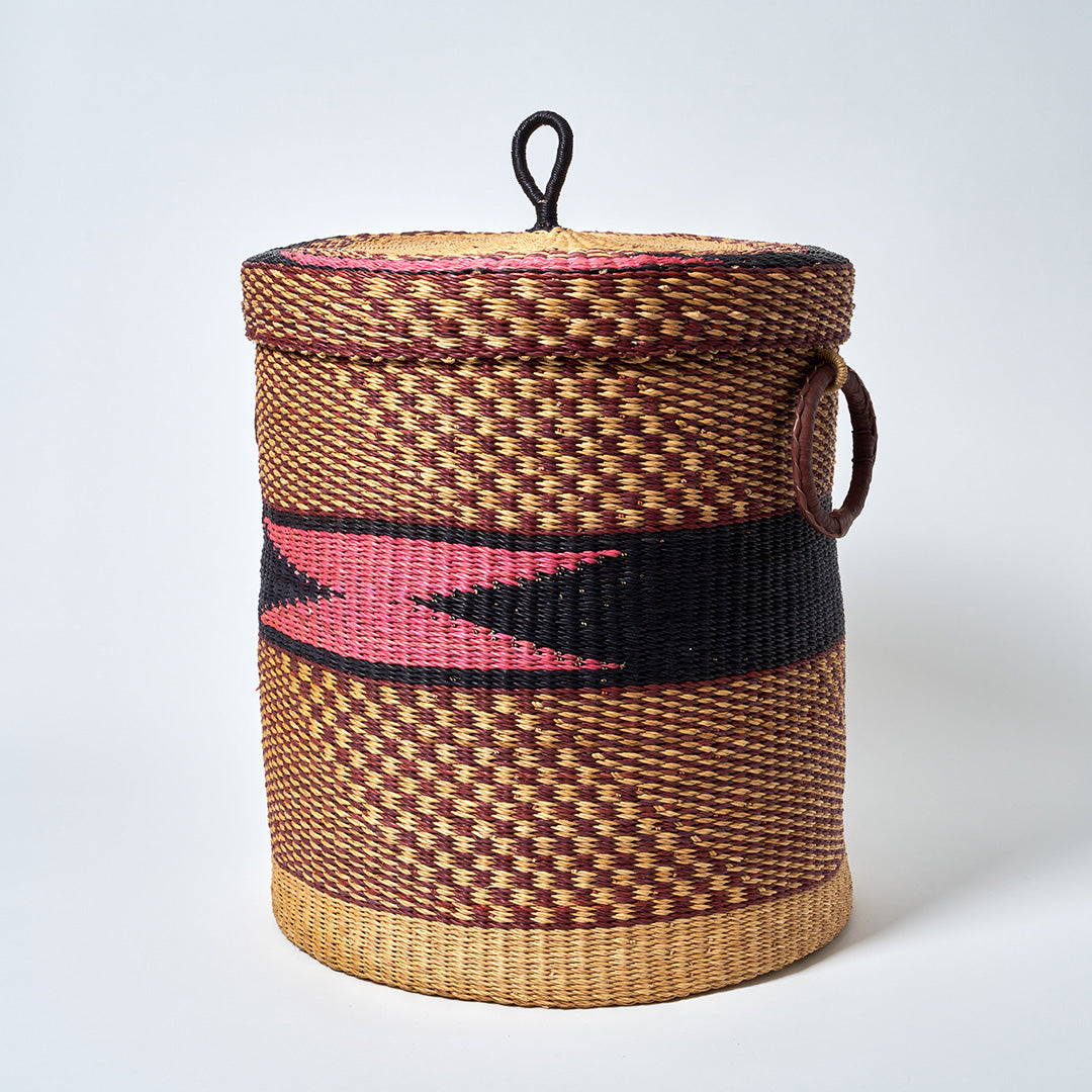 Large Storage Basket with leather handles, Nutmeg, Blue, Pink and Natural