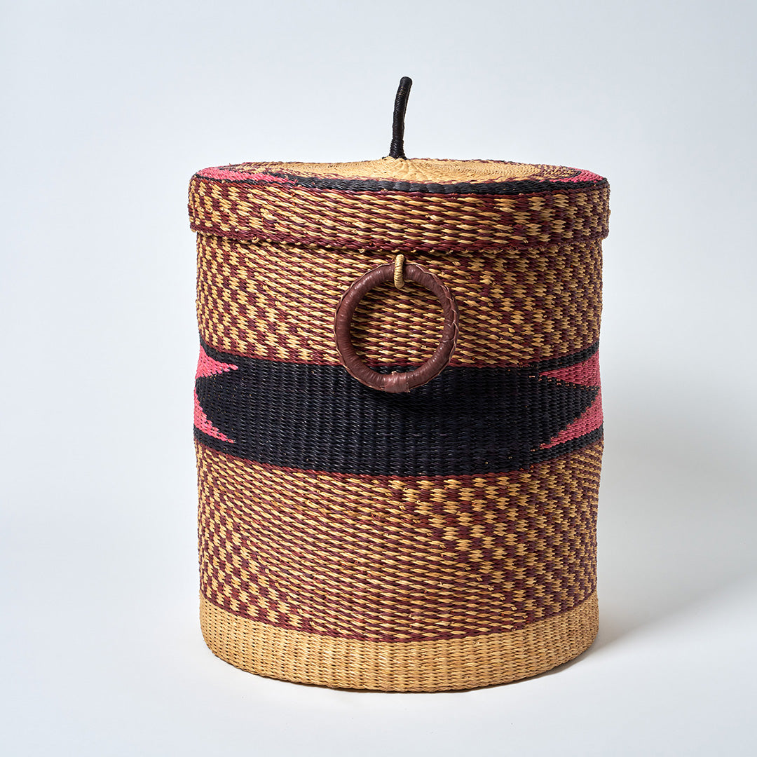 Large Storage Basket with leather handles, Nutmeg, Blue, Pink and Natural