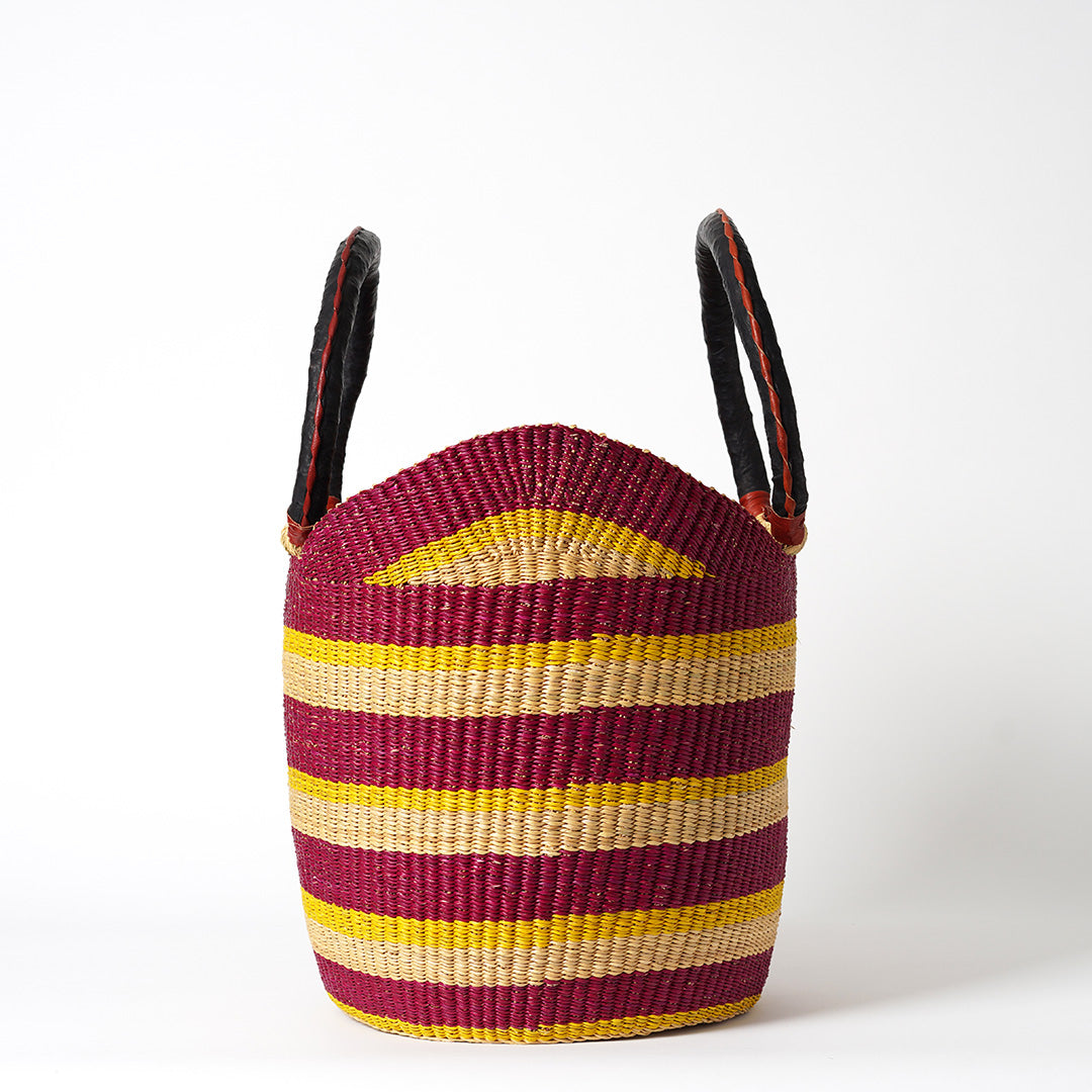 Shopping Basket with Leather Bound handles - Burgundy, Yellow & Natural