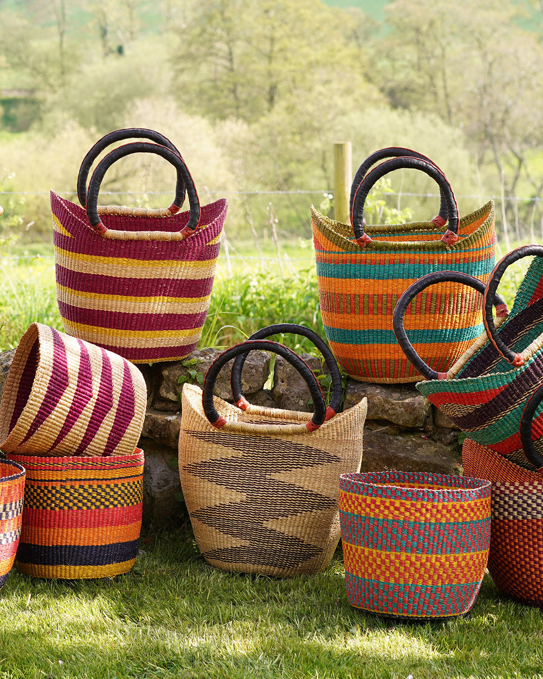 Shopping Basket with handles, Orange, Burgundy, Blue & Natural