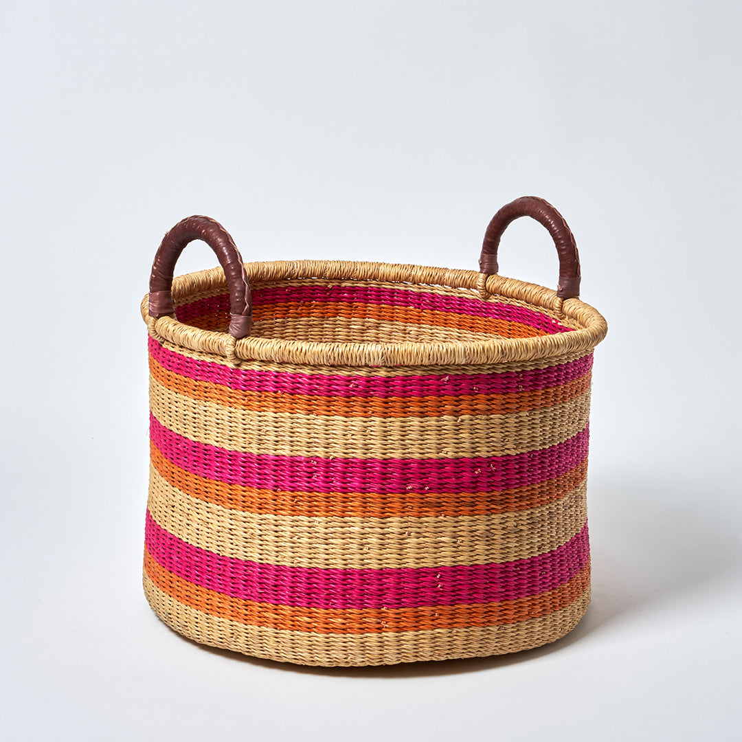All Sorts Storage Basket with leather bound handle - Pink, orange and natural
