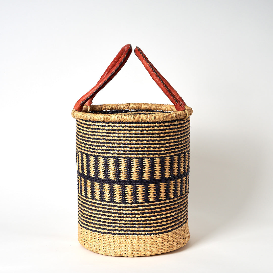 Small Storage Basket with leather bound handles - Navy and Natural