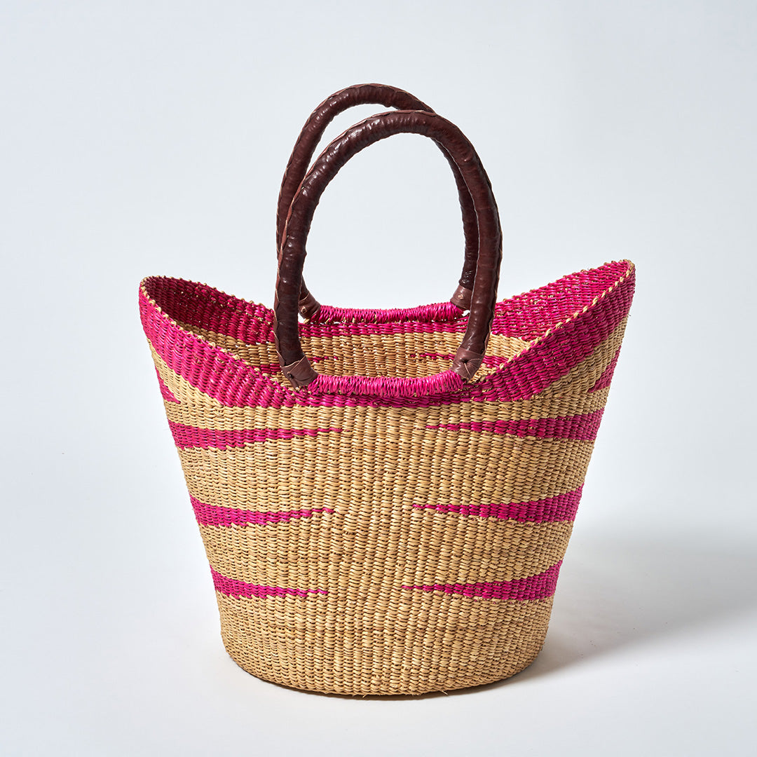Shopping Basket with handles, Pink & Natural stripe