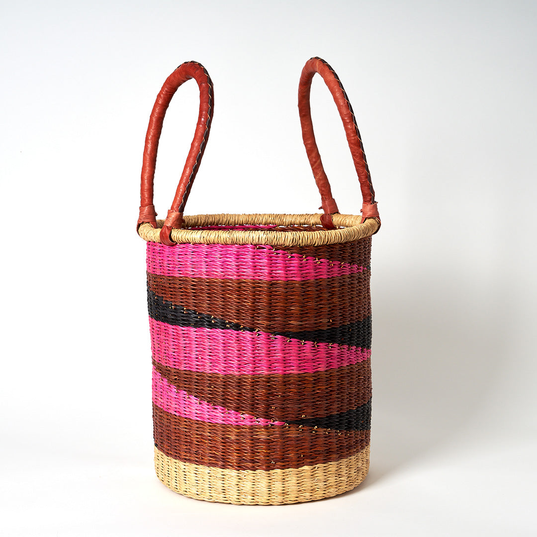 Small Storage Basket with leather bound handles - Navy, Pink and Nutmeg