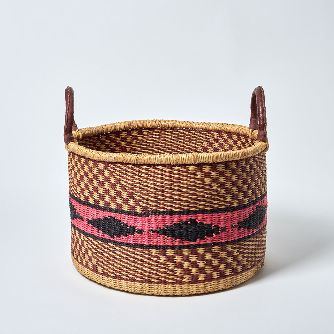 All Sorts Storage Basket with leather bound handle - Nutmeg, pink and blue