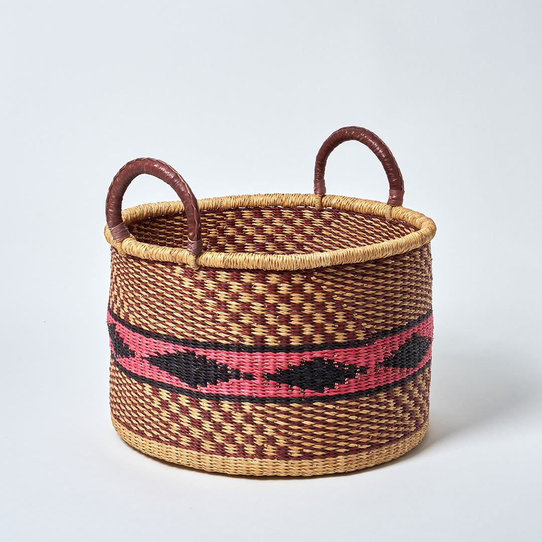 All Sorts Storage Basket with leather bound handle - Nutmeg, pink and blue