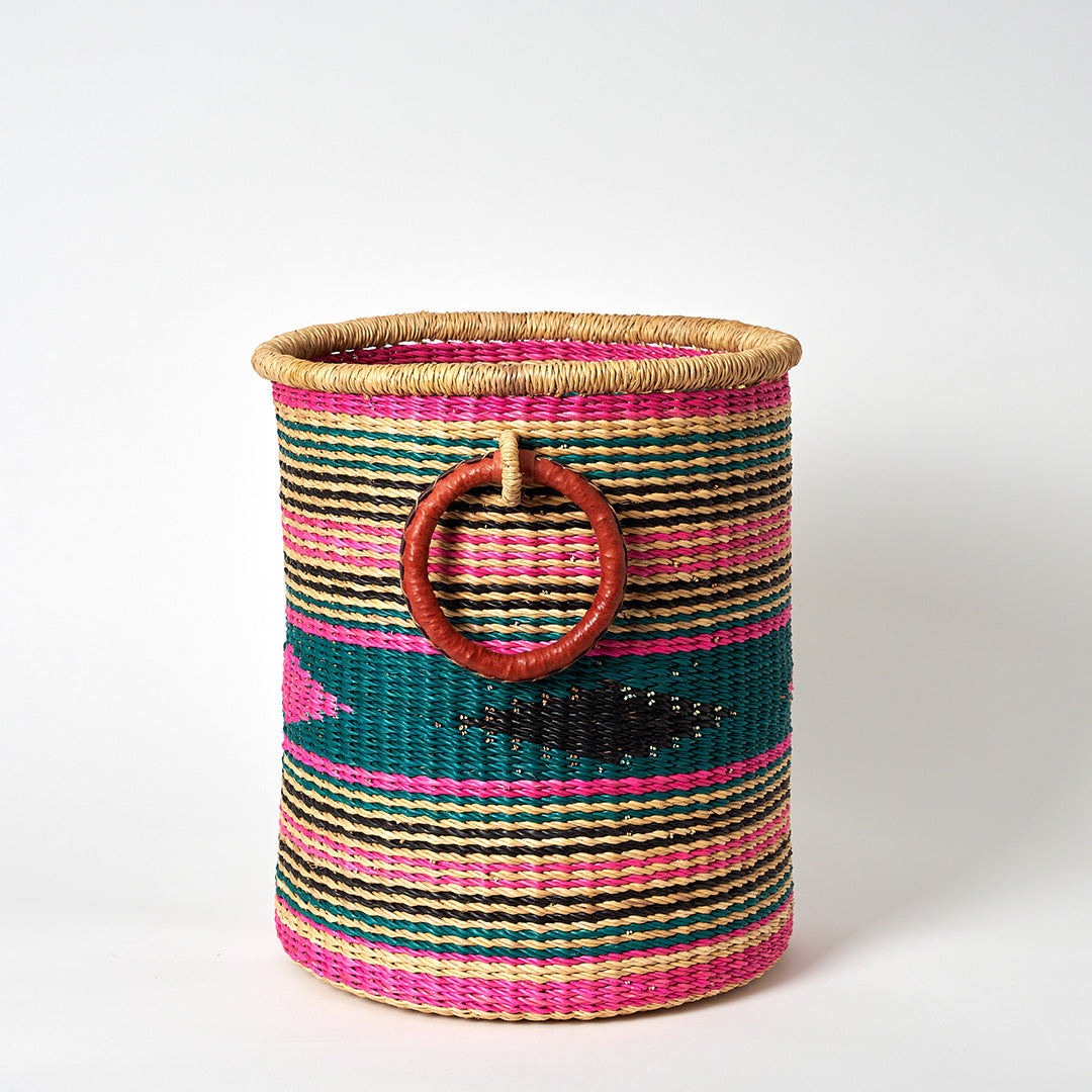 Small Storage Basket with leather bound handles - Pink, Teal and Green