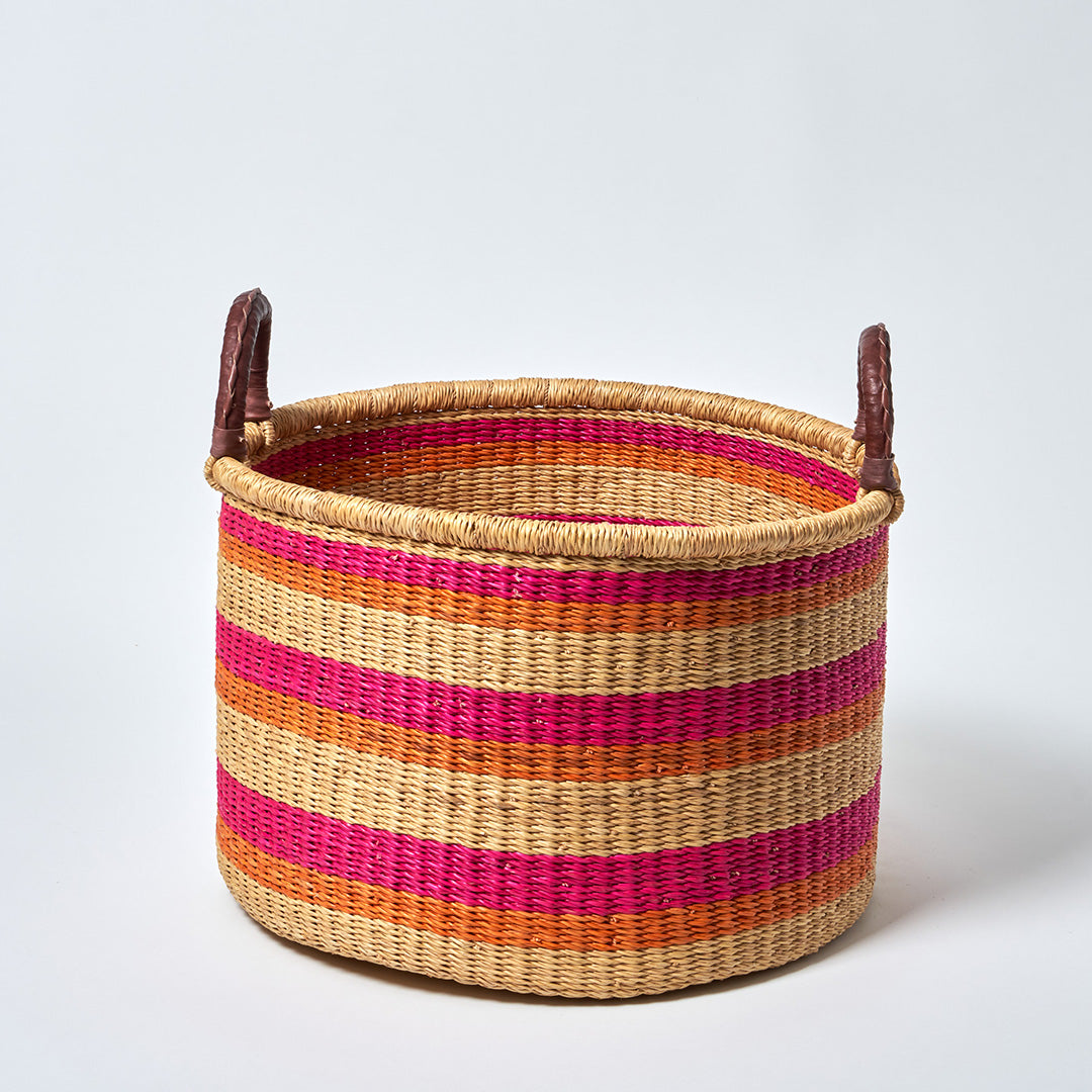 All Sorts Storage Basket with leather bound handle - Pink, orange and natural