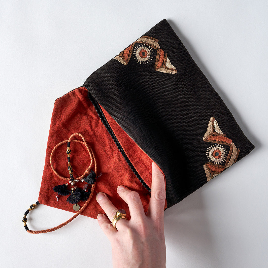 Hand Embroidered Envelope Clutch Bag - Black