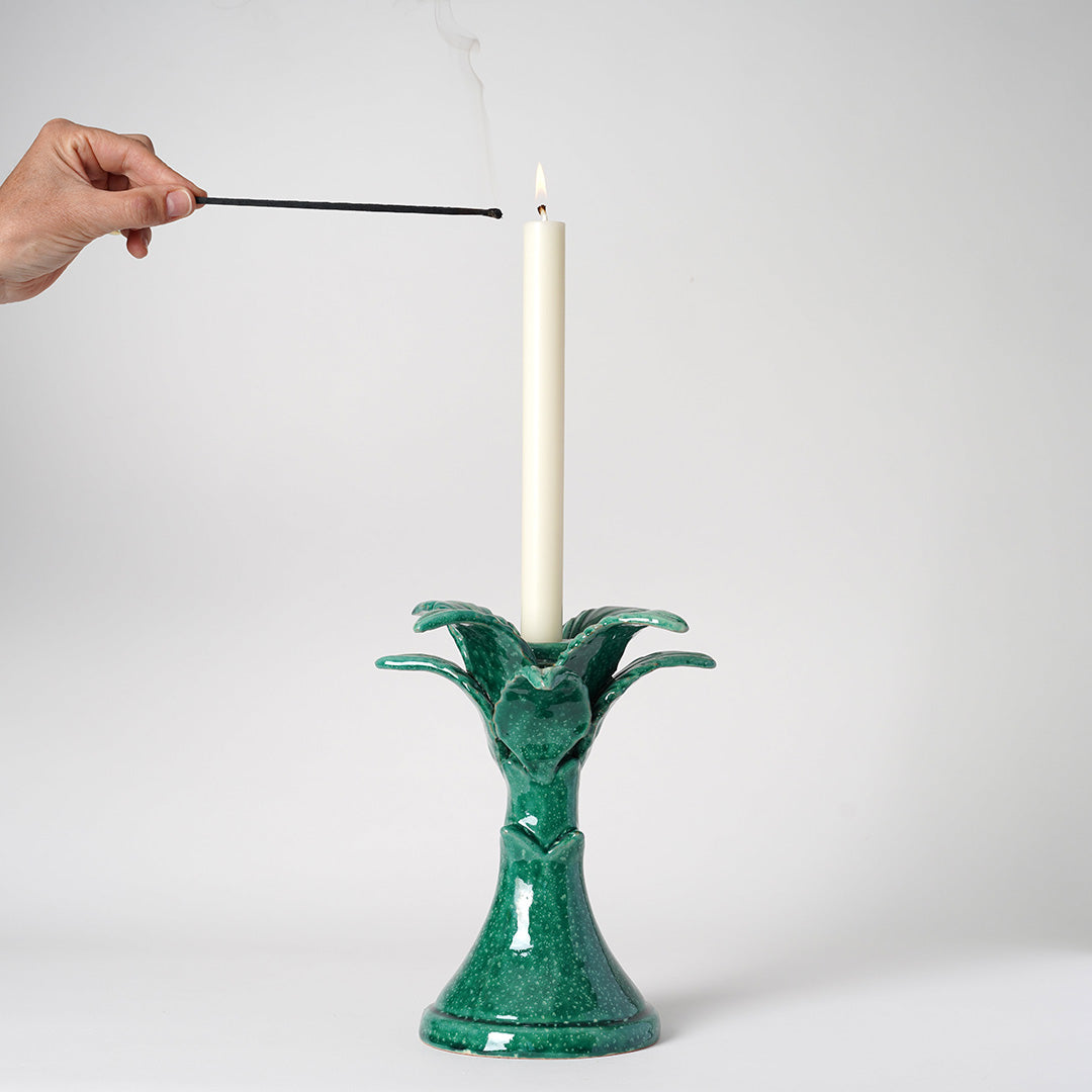 Handmade Palm Tree Candlestick - Medium, Solid Green Colour