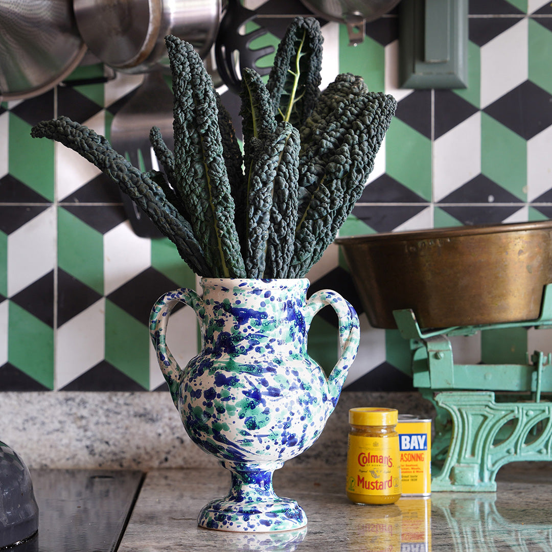 Splatterware Vase with twisted handles - Blue & Red