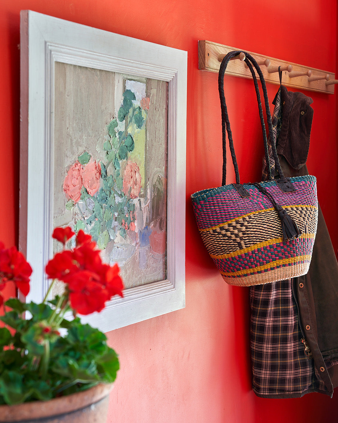 Handbag/Small Shopping Bag with long leather handles - Multicoloured