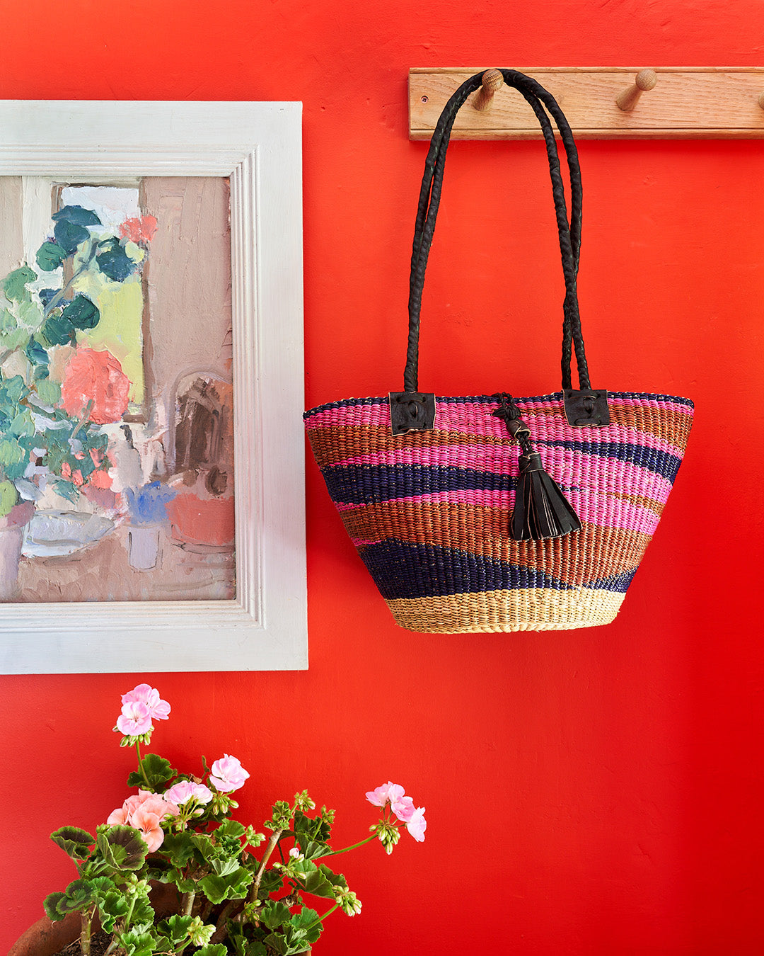 Handbag/Small Shopping Bag with long leather handles - Pink, Blue and Cinnamon