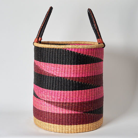Large Storage Basket with leather bound handles - Navy, Pink and Burgundy