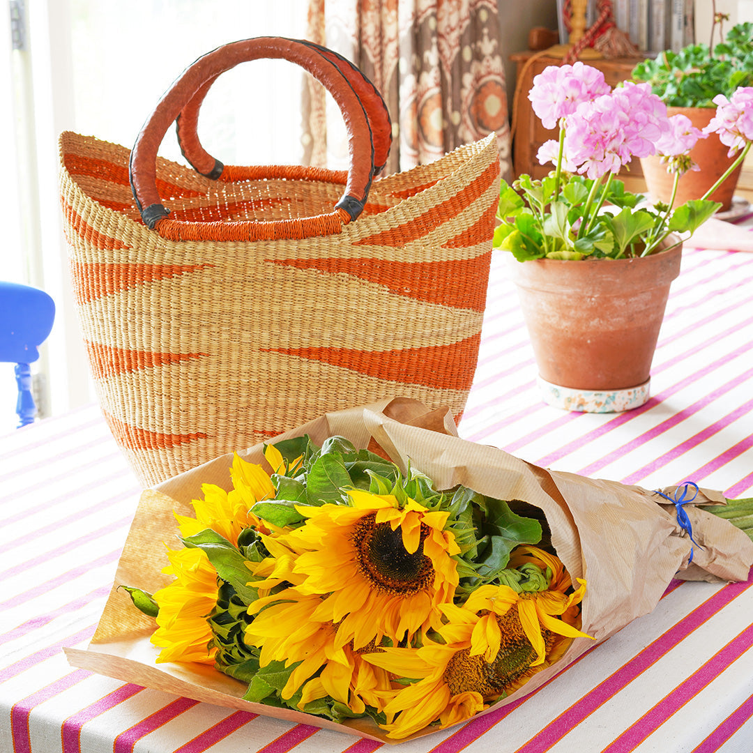 Shopping Basket with handles, Orange, Burgundy, Blue & Natural