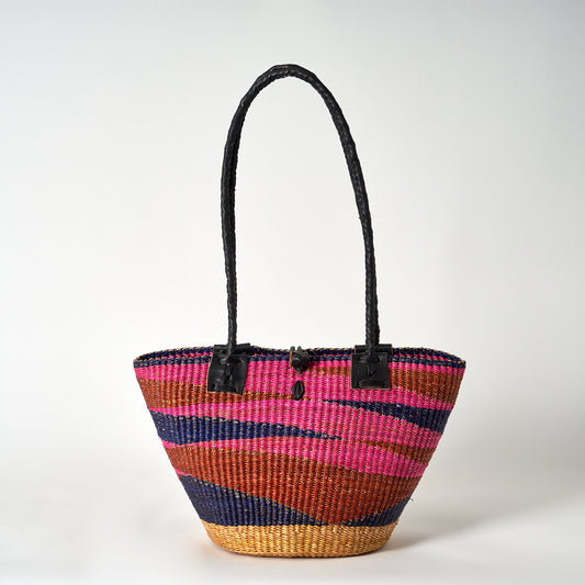 Handbag/Small Shopping Bag with long leather handles - Pink, Blue and Cinnamon