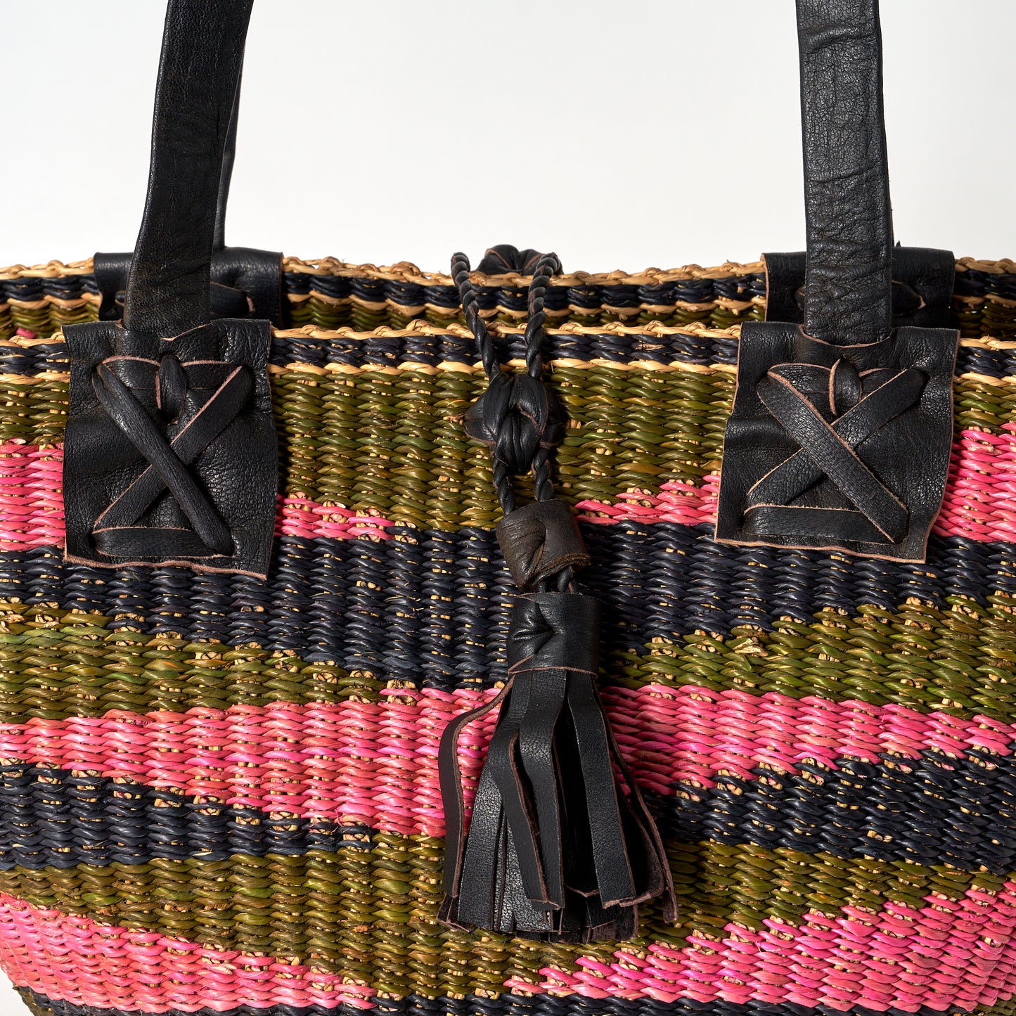 Handbag/Small Shopping Bag with long leather handles - Green, Pink & Navy
