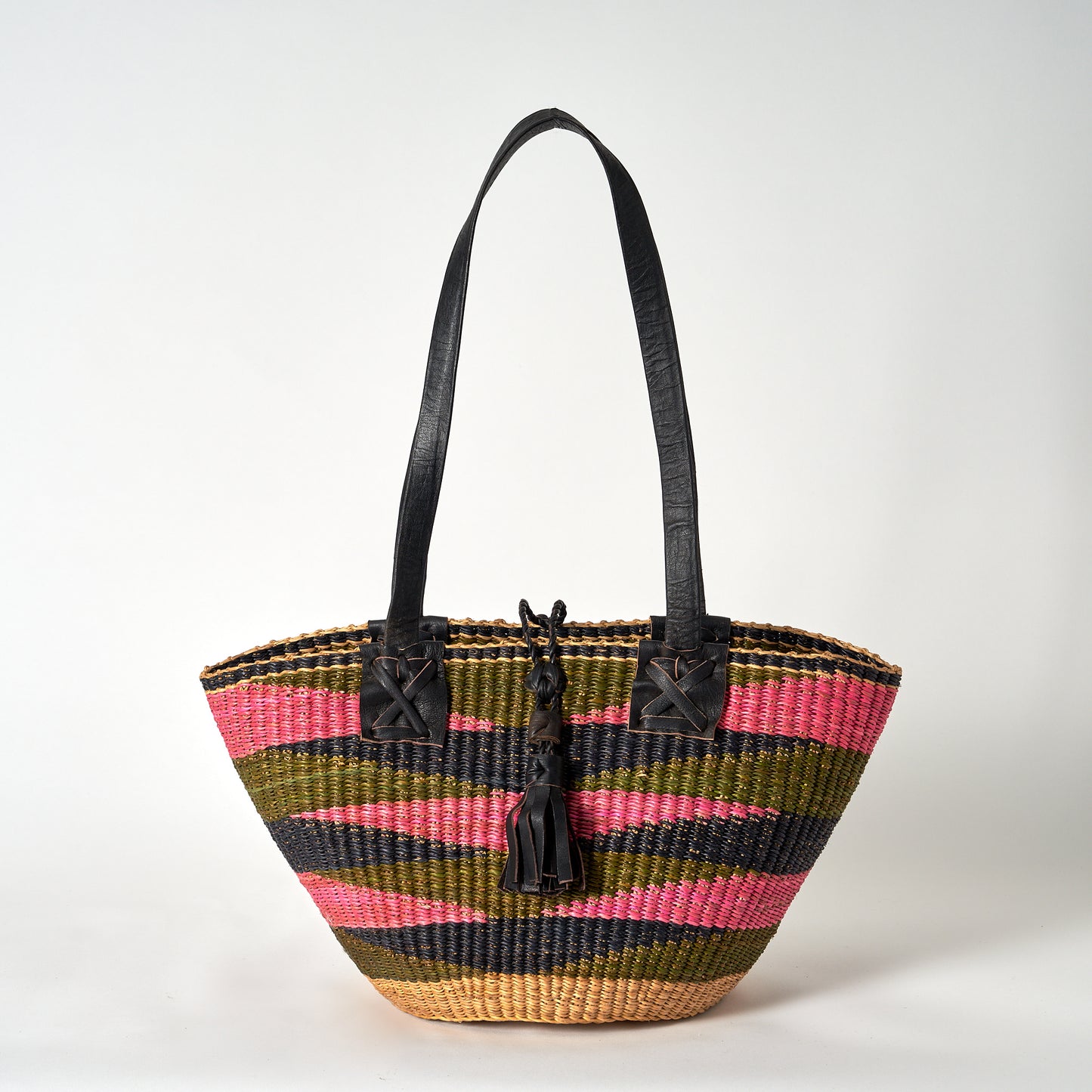 Handbag/Small Shopping Bag with long leather handles - Green, Pink & Navy