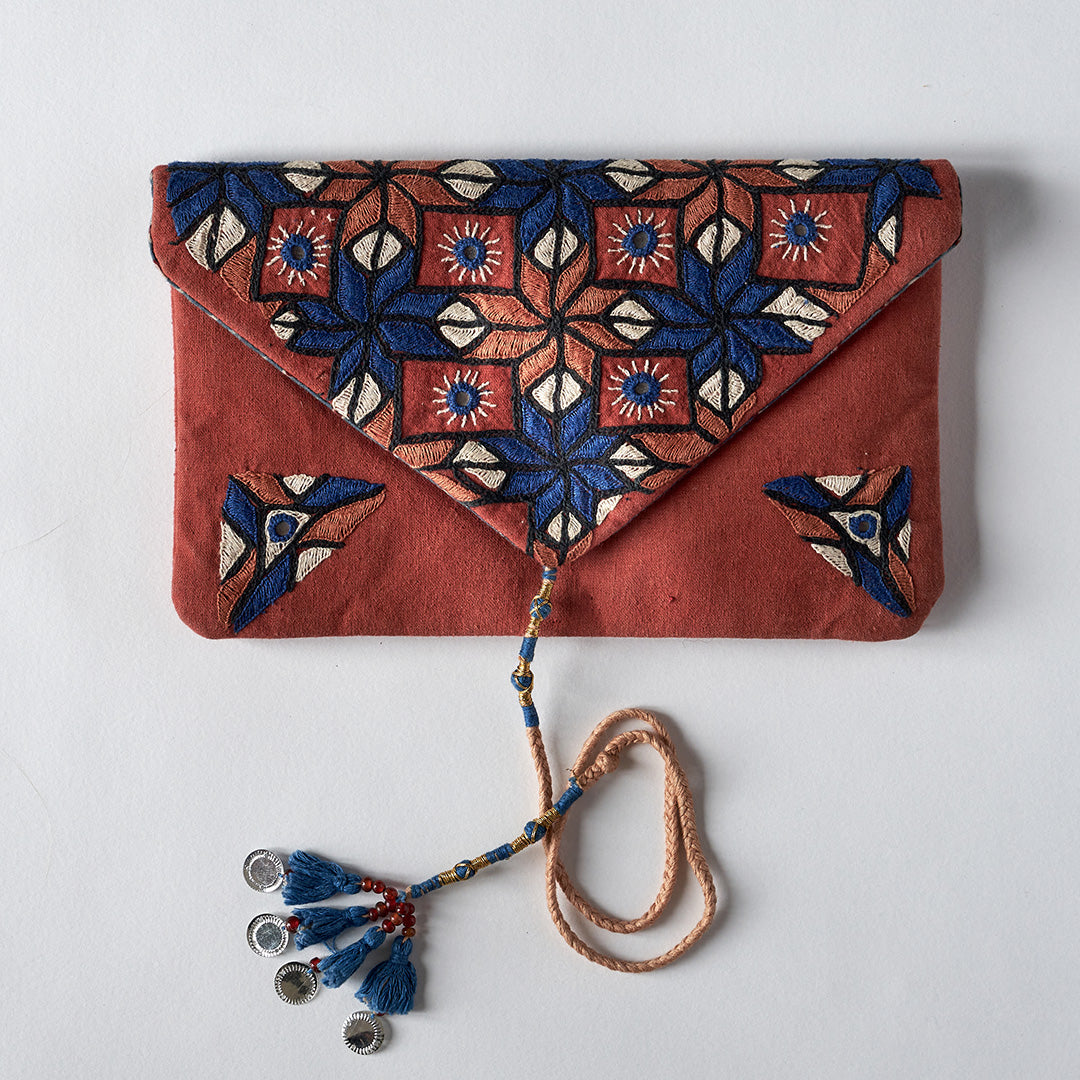 Hand Embroidered Envelope Clutch Bag - Terracotta