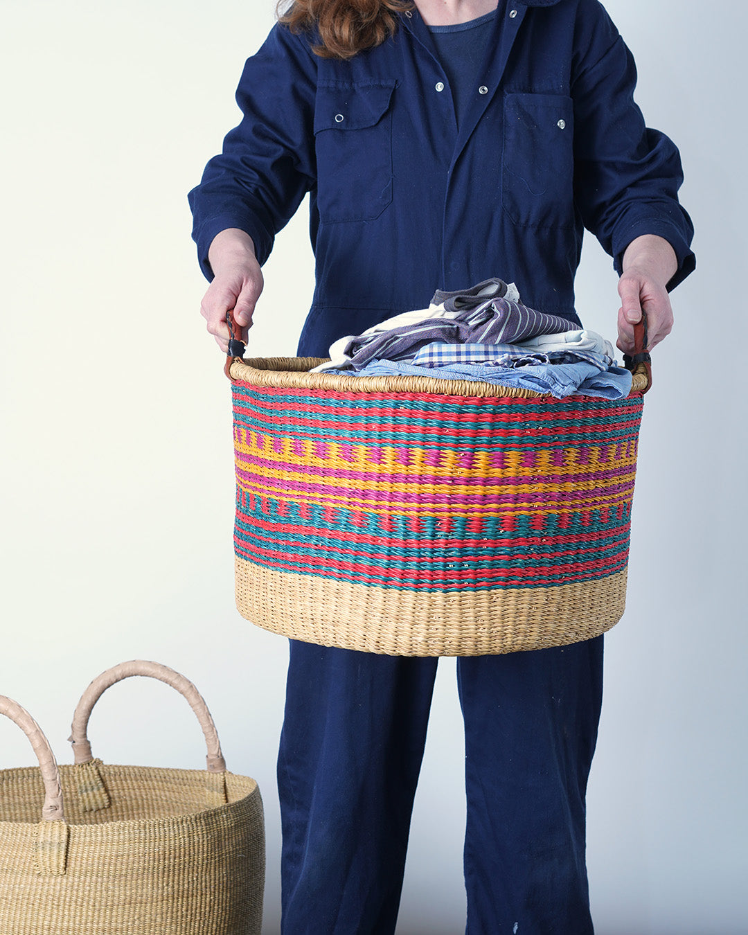 All Sorts Storage Basket with leather bound handle - Pink, Navy, green and natural