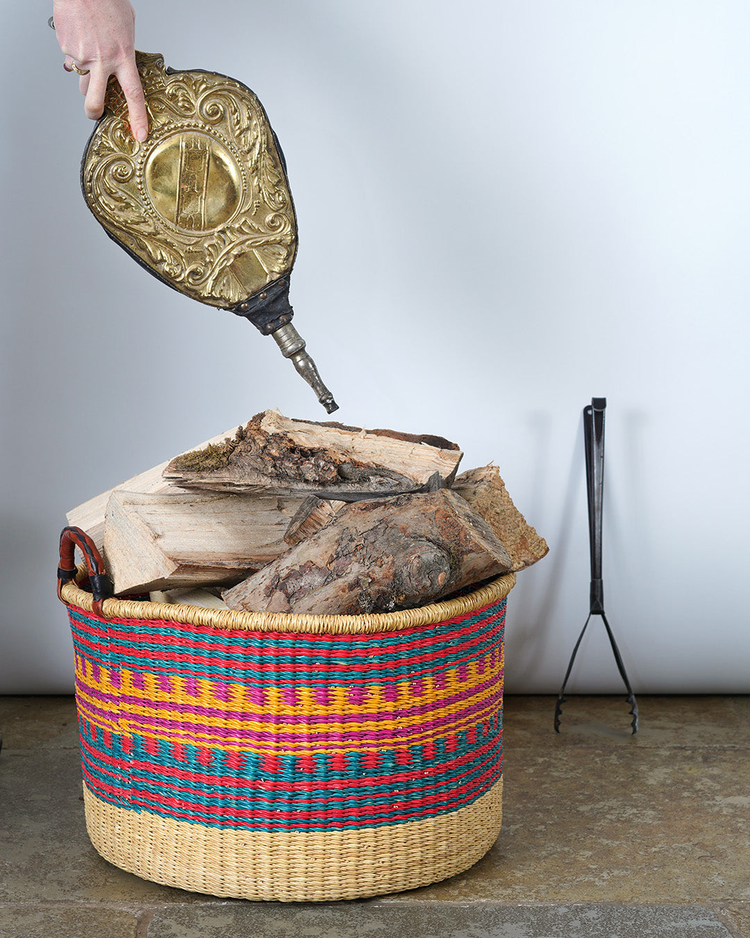 All Sorts Storage Basket with leather bound handle - Nutmeg, pink and Navy