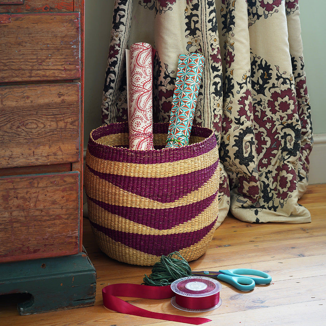 Waste Paper Basket - Burgundy & Natural