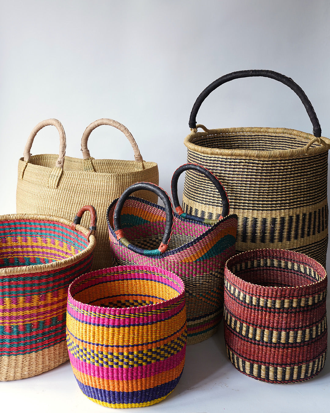 Large Storage Basket with leather bound handles - Navy, Pink and Burgundy
