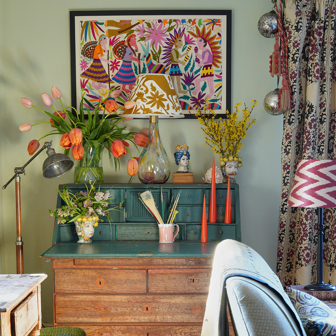 Multicoloured Otomi Solid Oak Framed Artwork