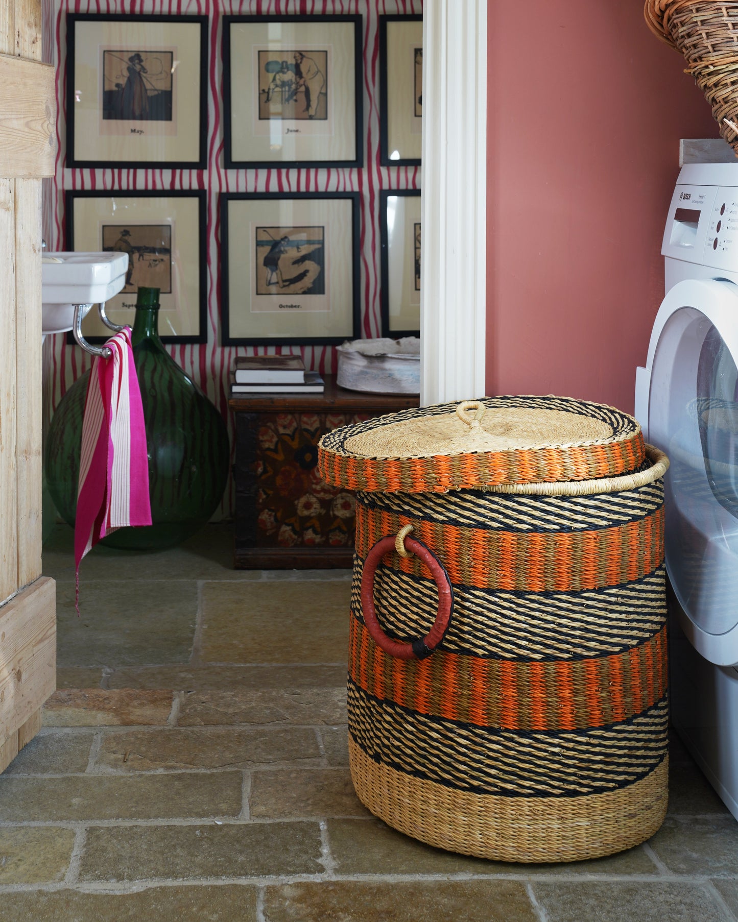 Large Storage Basket with leather handles BUT NO LID, Orange, Blue and Natural