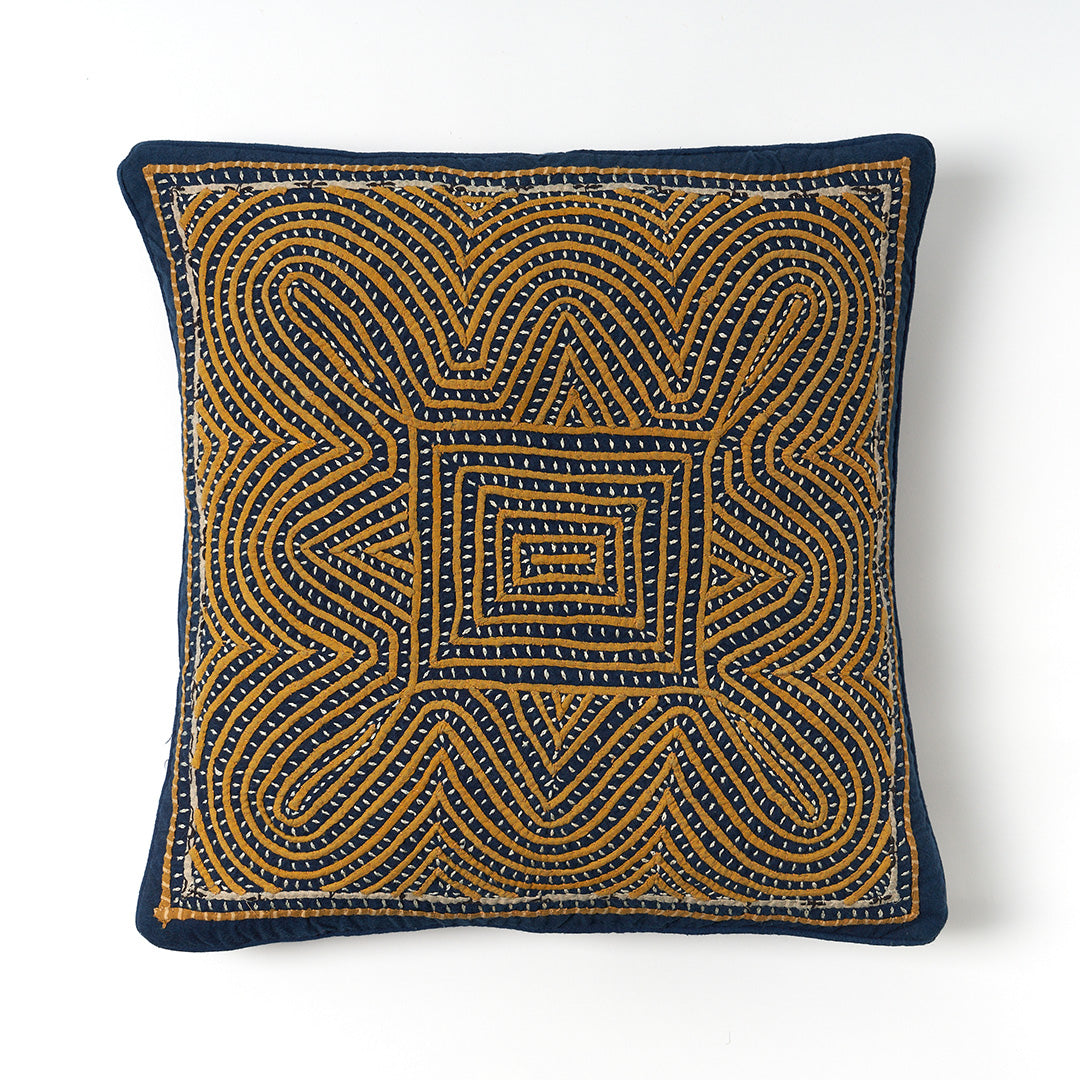 Kala Rama -Hand Appliqued Cushion with Embroidery - Blue and Yellow