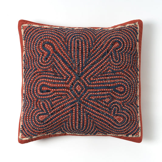 Kala Rama -Hand Appliqued Cushion with Embroidery - Terracotta and Blue