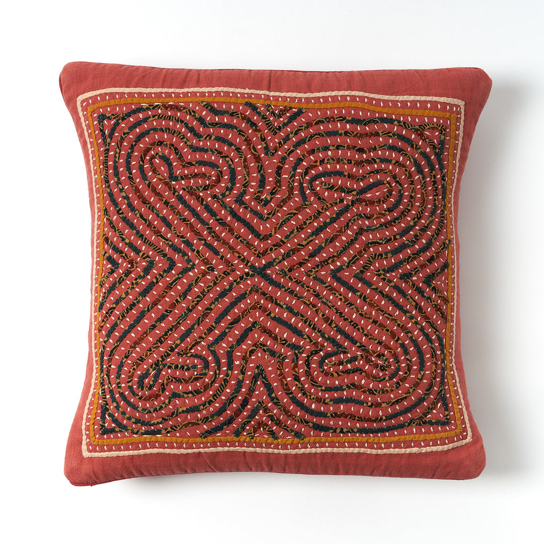 Kala Rama -Hand Appliqued Cushion with Embroidery - Terracotta and Blue