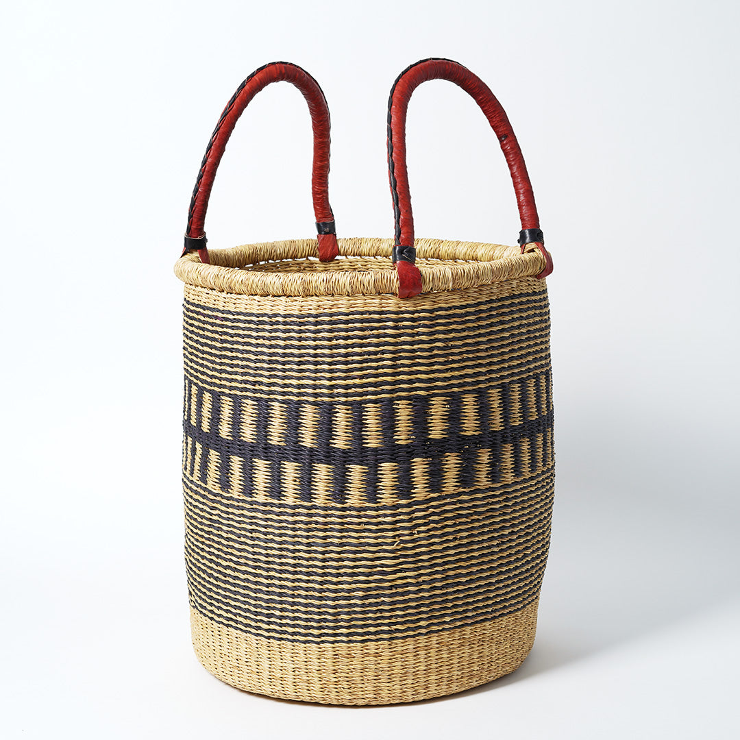 Large Storage Basket with leather bound handles - Navy and Natural