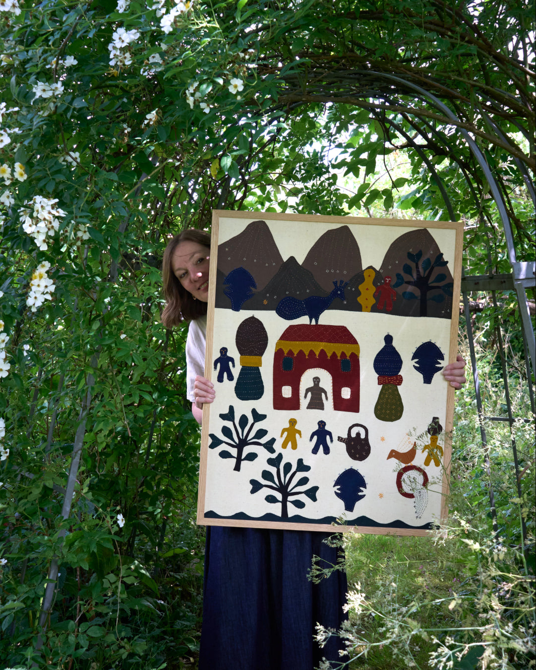Large Applique Artwork in Oak Frame - The House below the Mountains