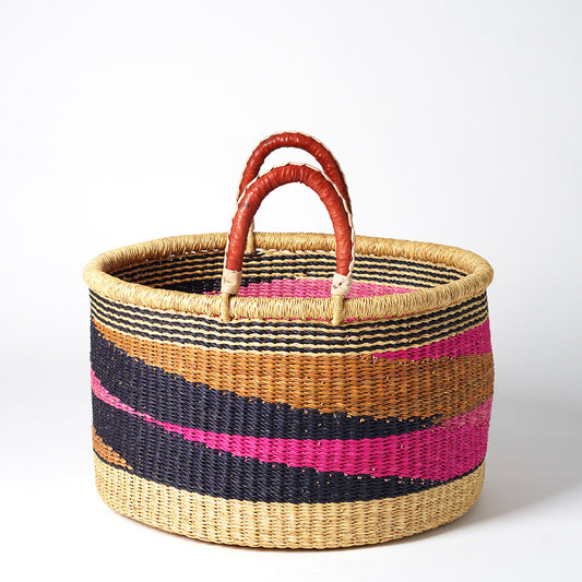 All Sorts Storage Basket with leather bound handle - Pink, Navy, green and natural