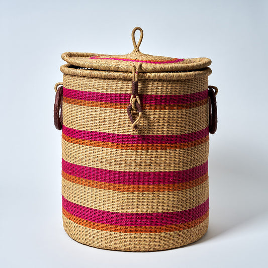 Large Storage Basket with leather handles, Orange, Pink and Natural