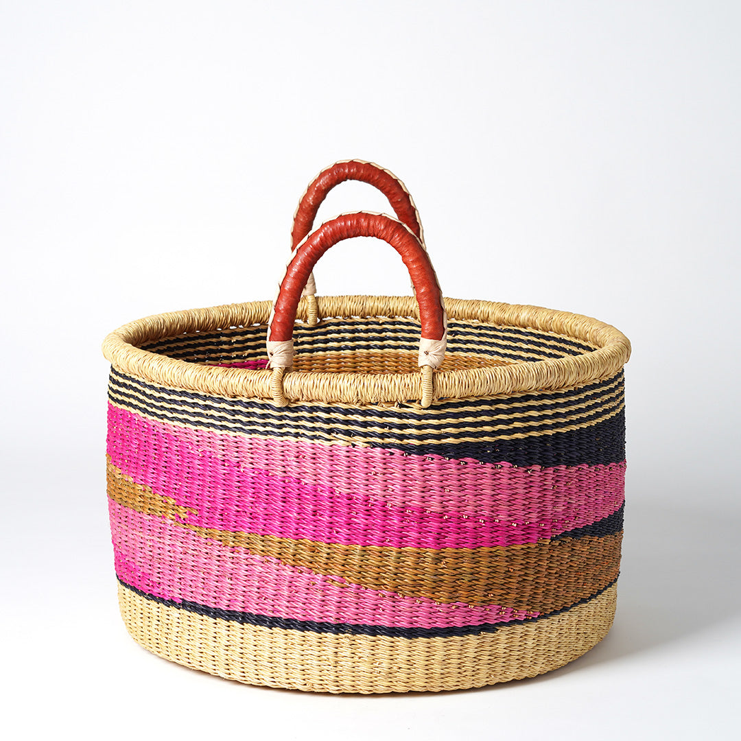 All Sorts Storage Basket with leather bound handle - Nutmeg, pink and Navy