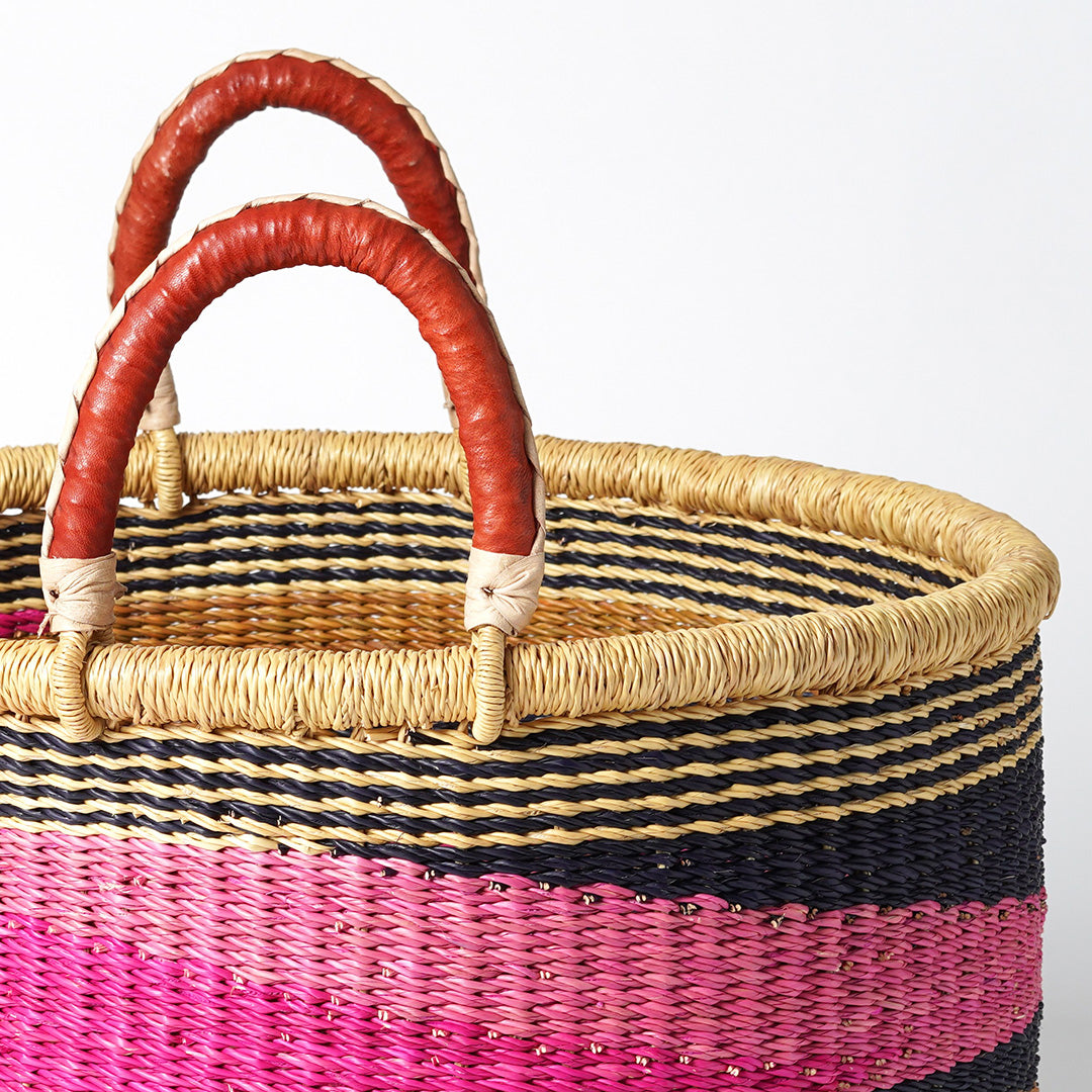 All Sorts Storage Basket with leather bound handle - Nutmeg, pink and Navy