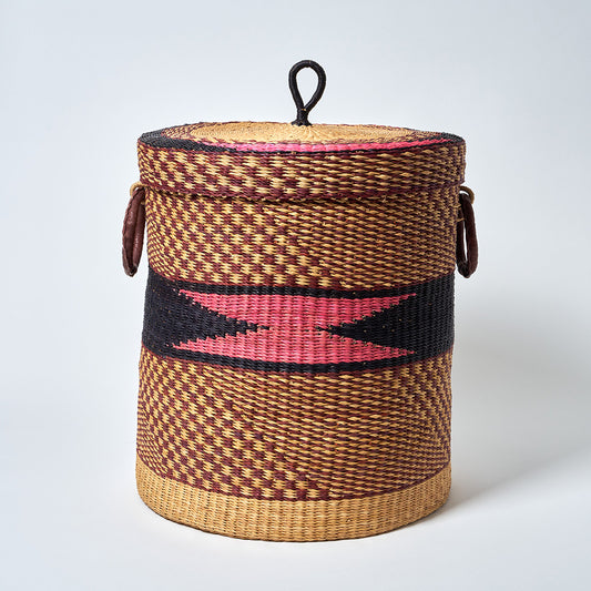 Large Storage Basket with leather handles, Nutmeg, Blue, Pink and Natural