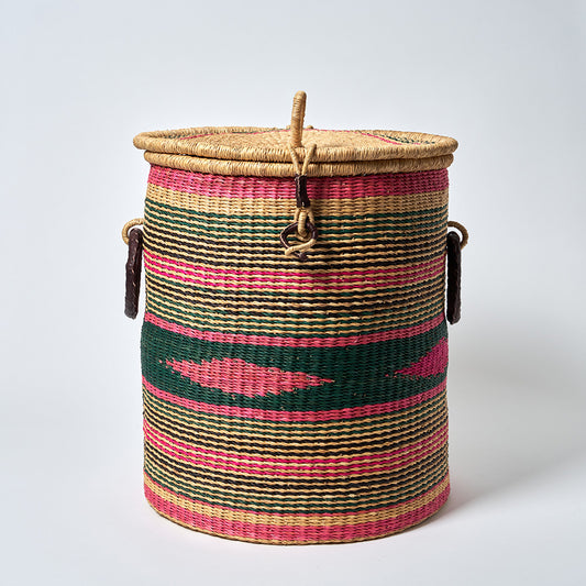 Large Storage Basket with leather handles, Green, Pink and Natural