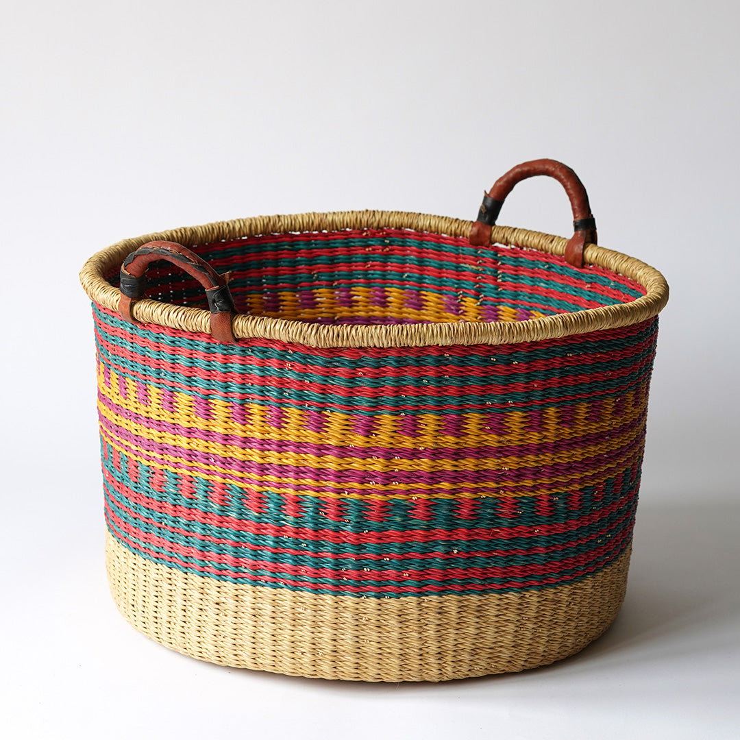 All Sorts Storage Basket with leather bound handle - Multicoloured and natural