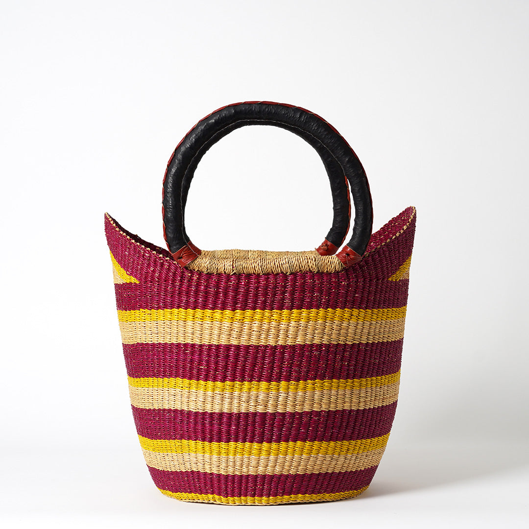 Shopping Basket with Leather Bound handles - Burgundy, Yellow & Natural